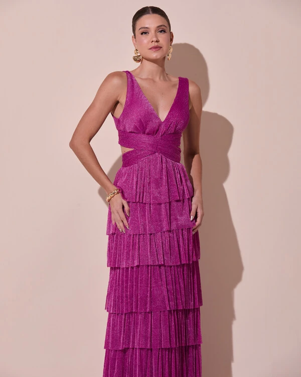 Vestido De Festa Longo Decote V Tule Brilho Recortes Camadas Fúcsia