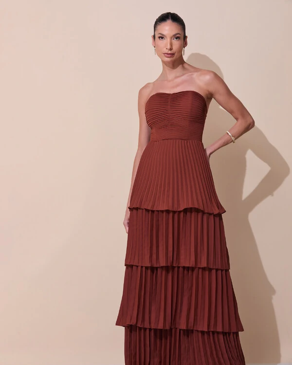 Vestido de Festa Longo Tomara que Caia Crepe Chiffon Plissado Camadas Marrom New
