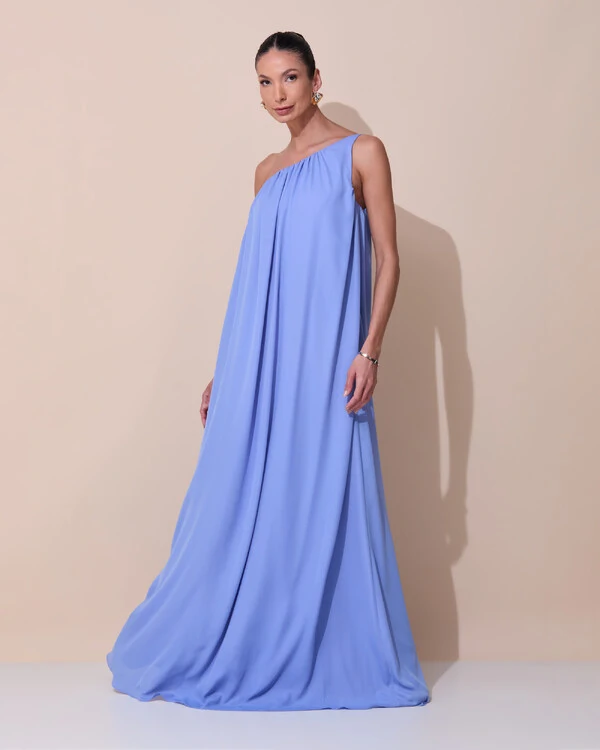 Vestido de Festa Longo Crepe Fluido um Ombro Só com Lenço Azul Atlantis