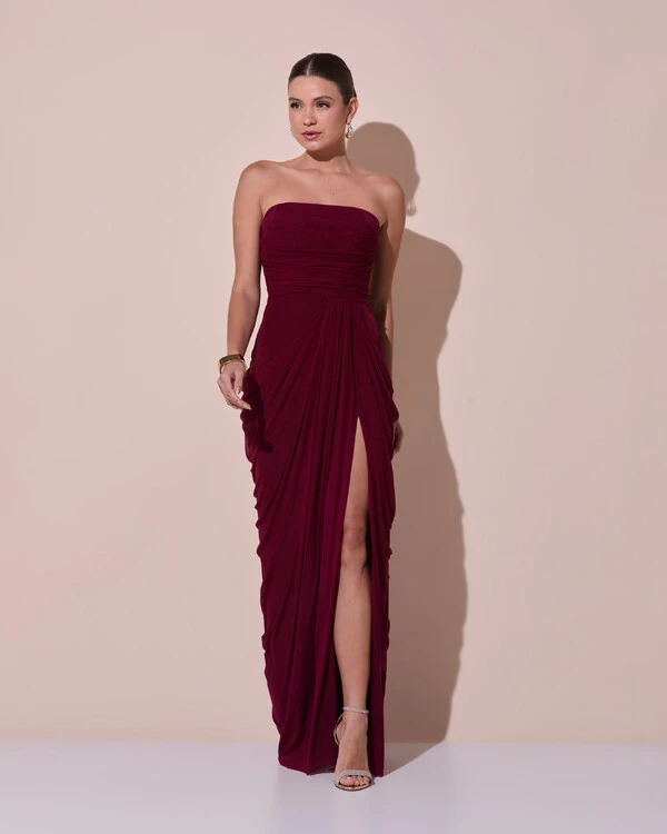Vestido De Festa Longo Tomara que Caia Tule Drapeado Fenda Marsala