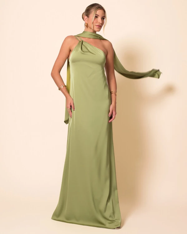 Vestido de Festa Longo em Cetim Fluido um Ombro Só com Lenço Verde Pistache