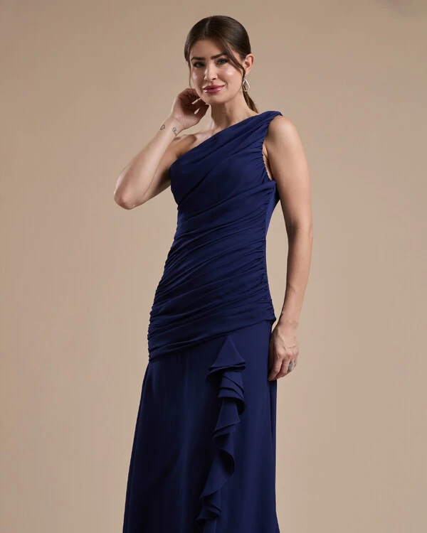 Vestido de Festa Longo Crepe Chiffon Um Ombro Só Drapeado com Babado Cascata Azul Marinho