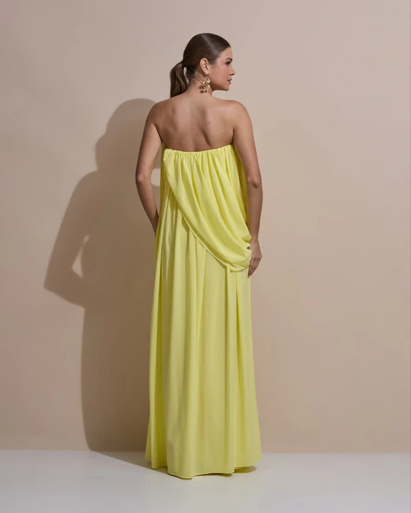 Vestido de Festa Longo Tomara Que Caia Crepe Chiffon Drapeado Amarelo Manteiga