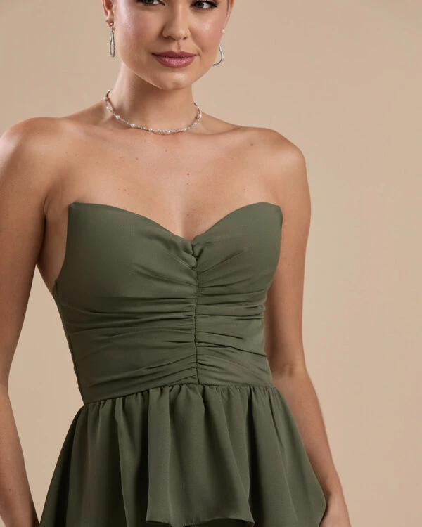 Vestido de Festa Longo Crepe Chiffon Tomara que Caia Peplum Drapeado Verde Oliva