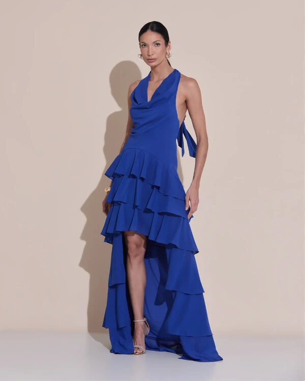 Vestido De Festa Longo Frente Única Degagê Crepe Chiffon Babados Mullet Azul Royal