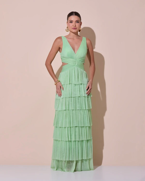 Vestido De Festa Longo Decote V Tule Brilho Recortes Camadas Verde Lima
