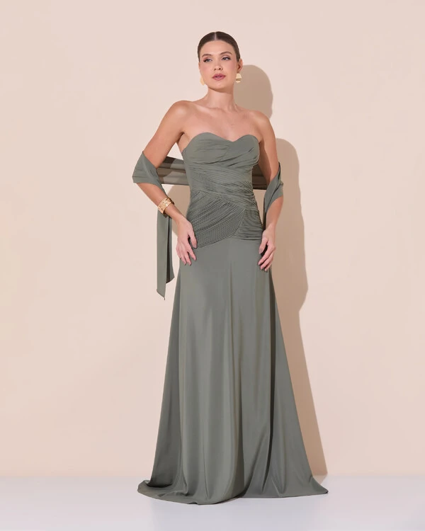 Vestido de Festa Longo Decote Coração Crepe Chiffon Drapeado Plissado Lenço Verde Oliva