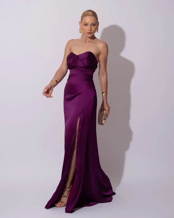 Vestido de Festa Longo Cetim Alfaiataria Tomara que Caia Fenda Roxo