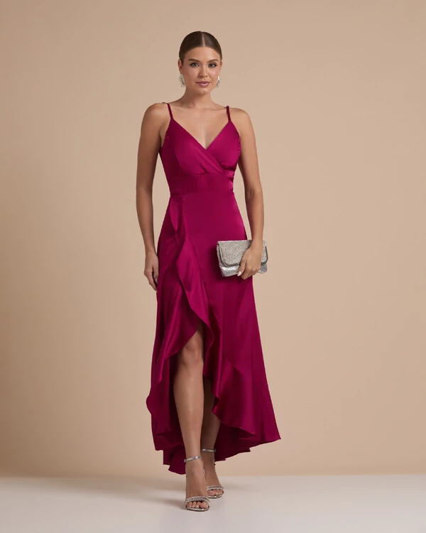 Vestido Midi Babado Acetinado Beterraba