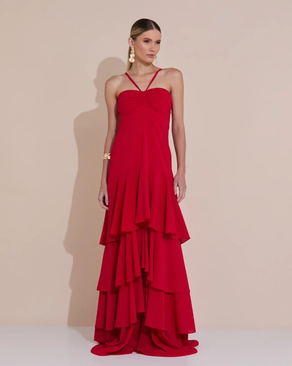 Vestido Longo Crepe com Babado em Camadas Vermelho