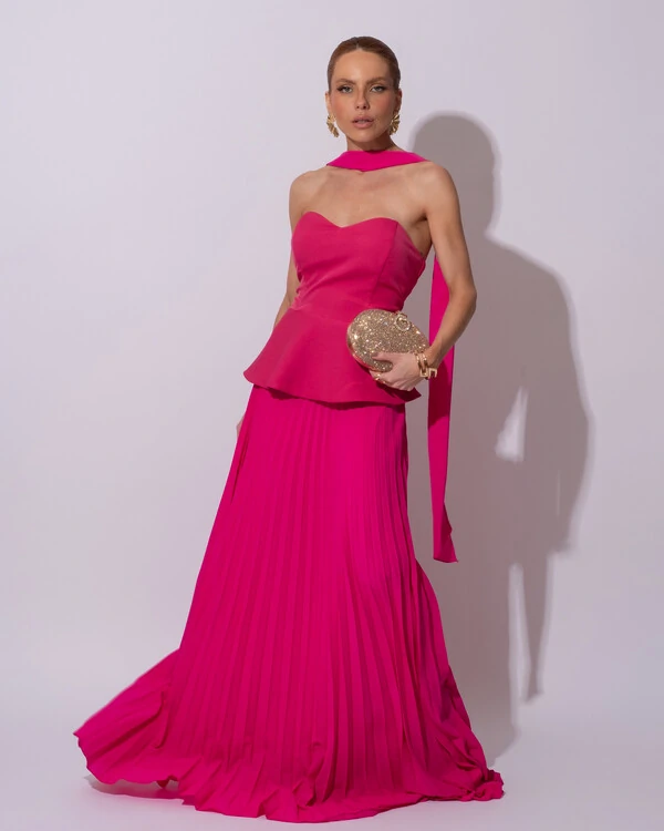 Vestido de Festa Longo Alfaiataria Tomara que Caia Saia Plissada e Lenço Pink