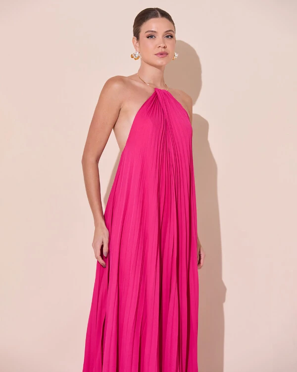 Vestido de Festa Longo Frente Única Plissado Crepe Chiffon Argola Pink Escuro