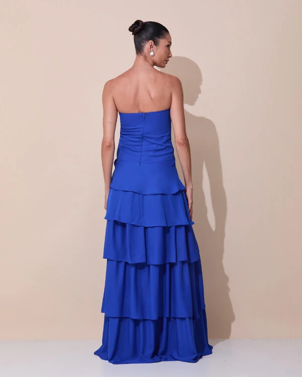 Vestido de Festa Longo Tomara que Caia Drapeado Crepe Chiffon Babados Camadas Azul Royal