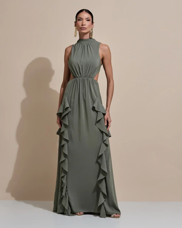 Vestido de Festa Longo Gola Alta Crepe Chiffon Recortes Babados Cascata Verde Oliva