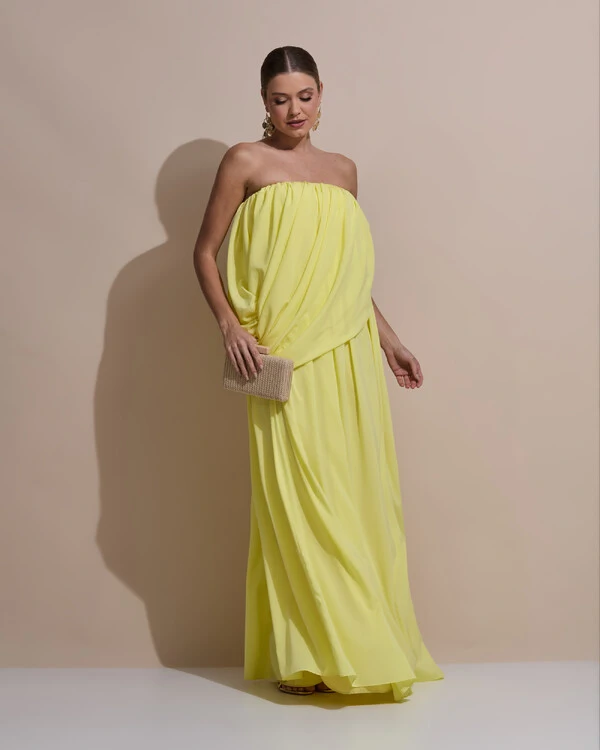 Vestido de Festa Longo Tomara Que Caia Crepe Chiffon Drapeado Amarelo Manteiga