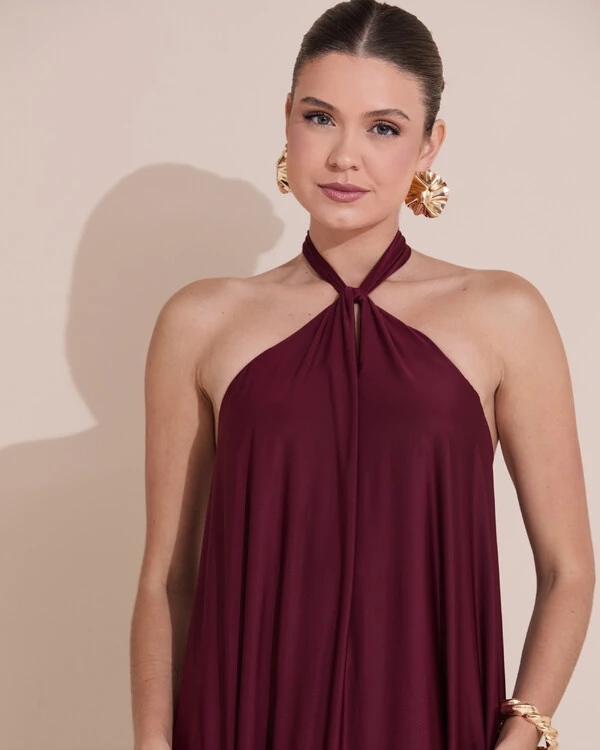 Vestido Longo com Amarração em Malha Marsala Escuro