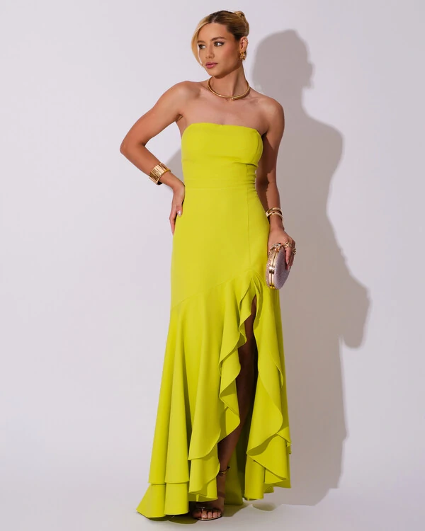 Vestido Longo com Fenda de Babados Alfaiataria Verde Lima New