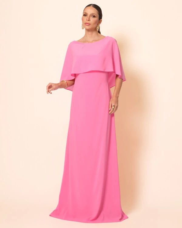 Vestido de Festa Longo Crepe Chiffon com Capa e Degagê nas Costas Rosa