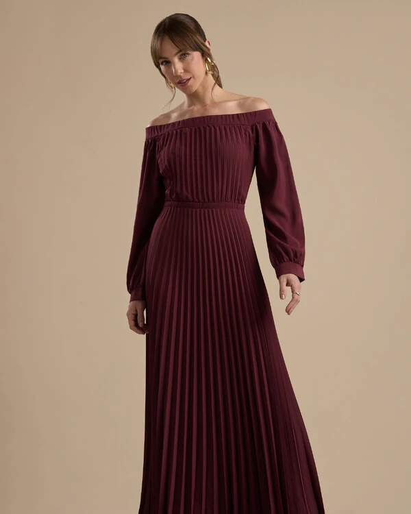 Vestido de Festa Longo Crepe Chiffon Plissado Ombro a Ombro Marsala