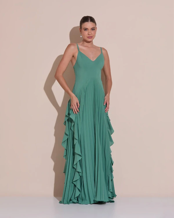 Vestido de Festa Longo Crepe Chiffon Alça Fina Saia Plissada com Babado Cascata Verde Matcha Escuro