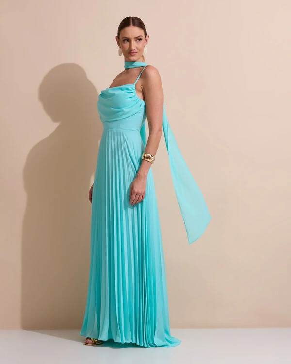 Vestido de Festa Longo Crepe Chiffon Plissado Trançado e Lenço Tiffany
