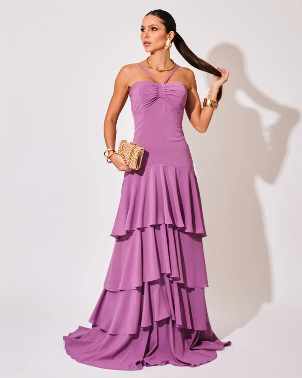 Vestido Longo Crepe com Babado em Camadas Fúcsia