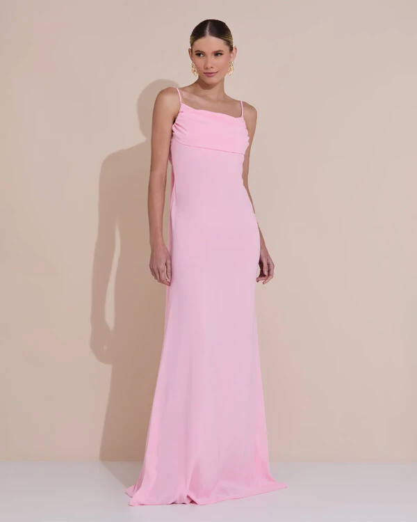 Vestido de Festa Longo Crepe Chiffon Costas Lenço Cauda Rosa Claro