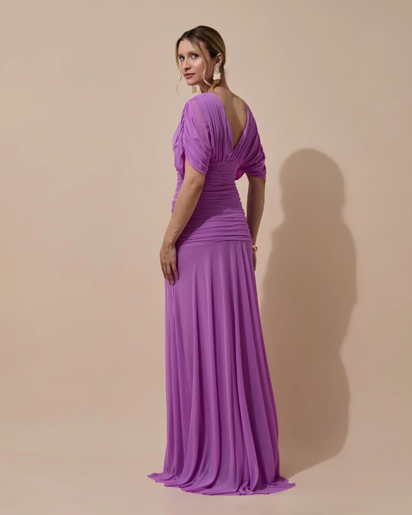 Vestido de Festa Longo Tule Manga Curta Drapeado Fúcsia