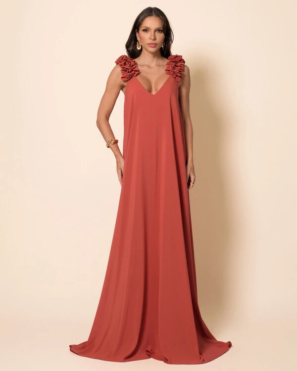 Vestido de Festa Longo Crepe Chiffon Fluido Decote em V Flores Terracota