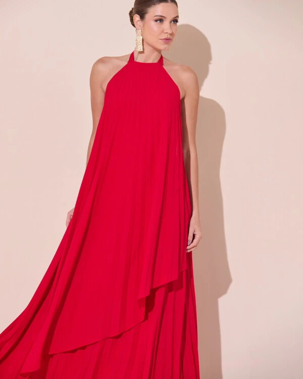 Vestidos de Festa Longo Chiffon Fluido Frente Única Plissado Duplo Vermelho