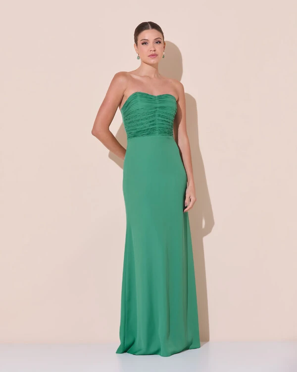 Vestido de Festa Longo Ombro a Ombro Plissado Crepe Chiffon Capa Flor 3D Verde Matcha Escuro