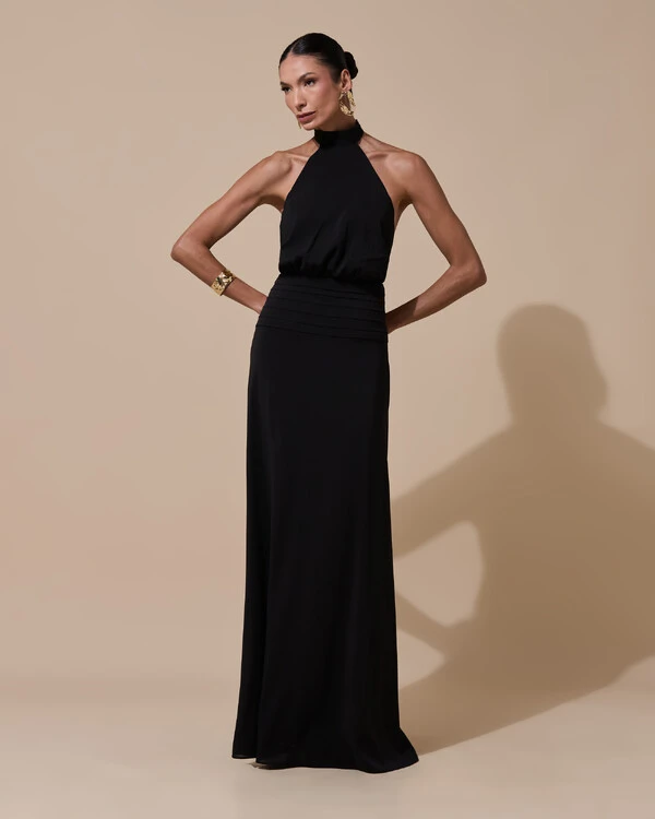 Vestido de Festa Longo Frente Única Busto Blousê Crepe Chiffon Drapeado Preto