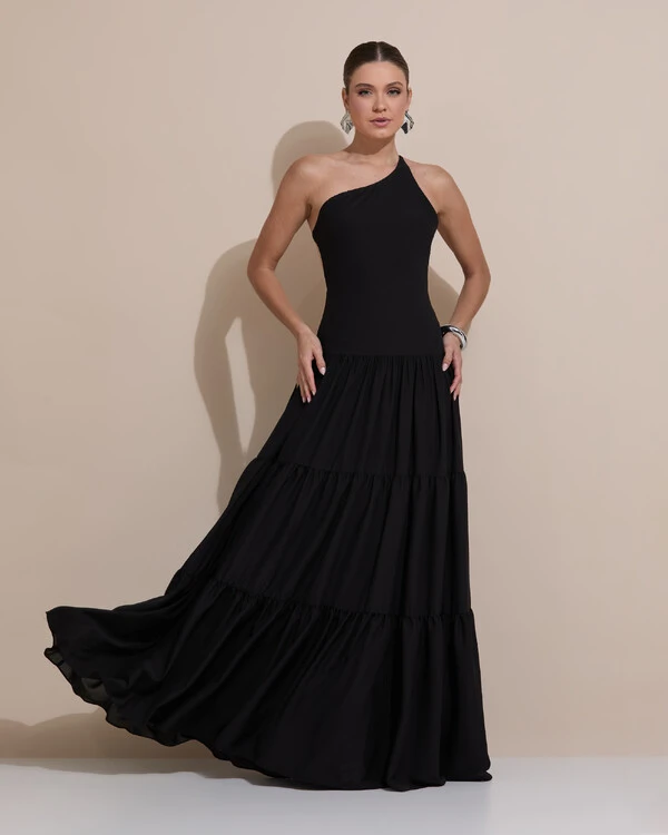 Vestido de Festa Longo Um ombro Só Crepe Chiffon Saia Fluida Preto