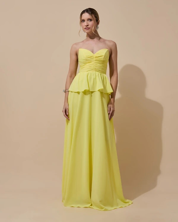 Vestido de Festa Longo Crepe Chiffon Tomara que Caia Peplum Drapeado Amarelo Manteiga