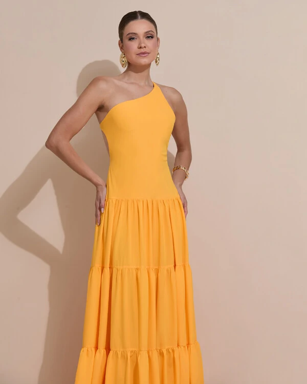 Vestido de Festa Longo Um ombro Só Crepe Chiffon Saia Fluida Laranja Manga New