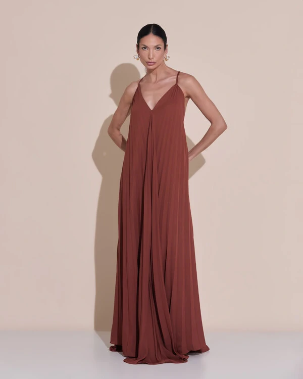 Vestido de Festa Longo Plissado Crepe Chiffon Decote V Alças Finas Marrom New
