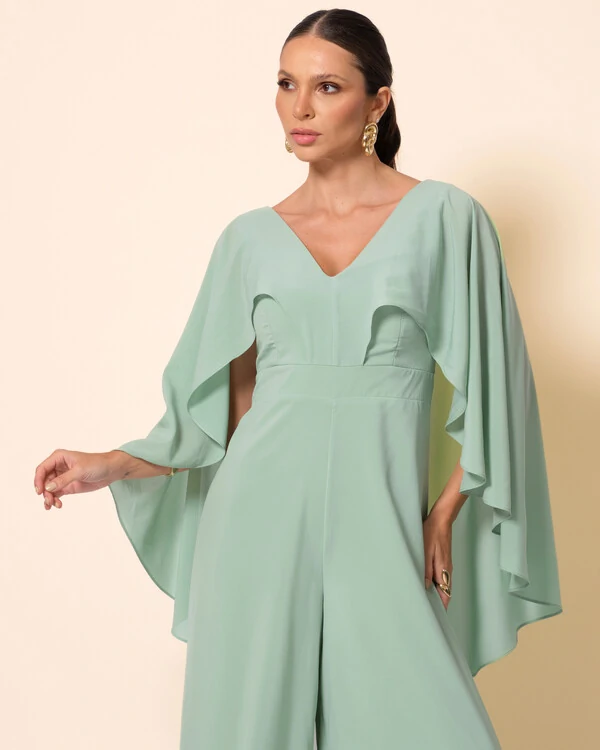 Macacão de Festa Longo Crepe Chiffon com Capa Verde Menta