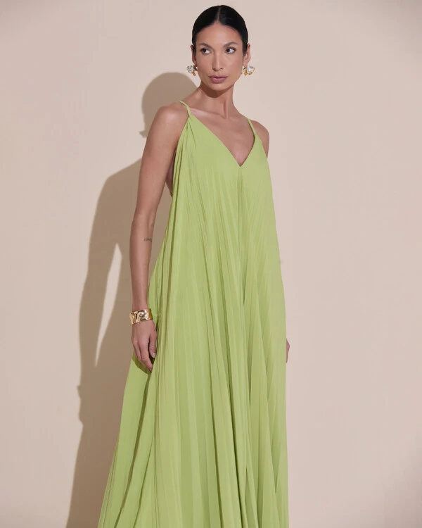 Vestido de Festa Longo Plissado Crepe Chiffon Decote V Alças Finas Verde Garden