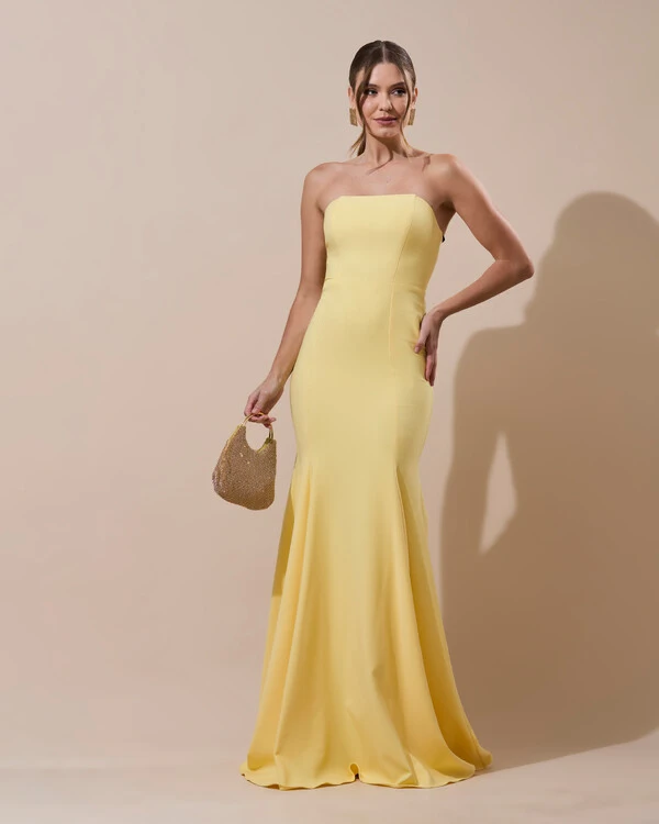 Vestido de Festa Longo Alfaiataria Tomara que Caia Saia Sereia Azul Amarelo Manteiga