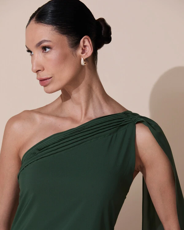 Vestido de Festa Longo Crepe Chiffon Um Ombro Só Drapeado Verde Escuro New