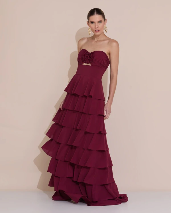 Vestido de Festa Longo Crepe Chiffon Tomara que Caia Plissado Flor Camadas Marsala New