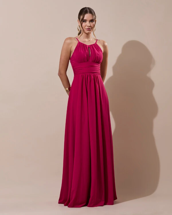 Vestido de Festa Longo Crepe Chiffon Drapeado com Alças e Saia Fluida Cereja