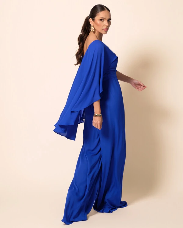 Macacão de Festa Longo Crepe Chiffon com Capa Azul Royal
