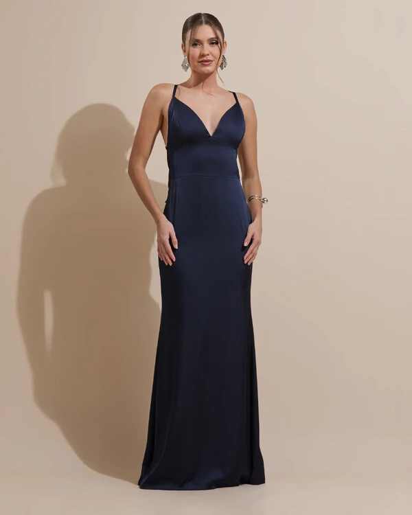 Vestido de Festa Longo Costas Abertas Laço Cetim Decote V Azul Marinho