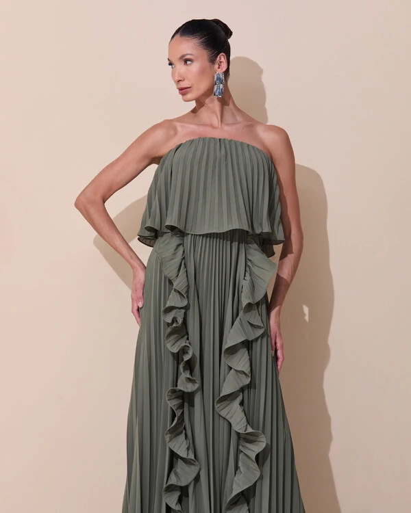 Vestido de Festa Longo Crepe Chiffon Tomara que Caia Plissado com Babado Cascata Verde Oliva