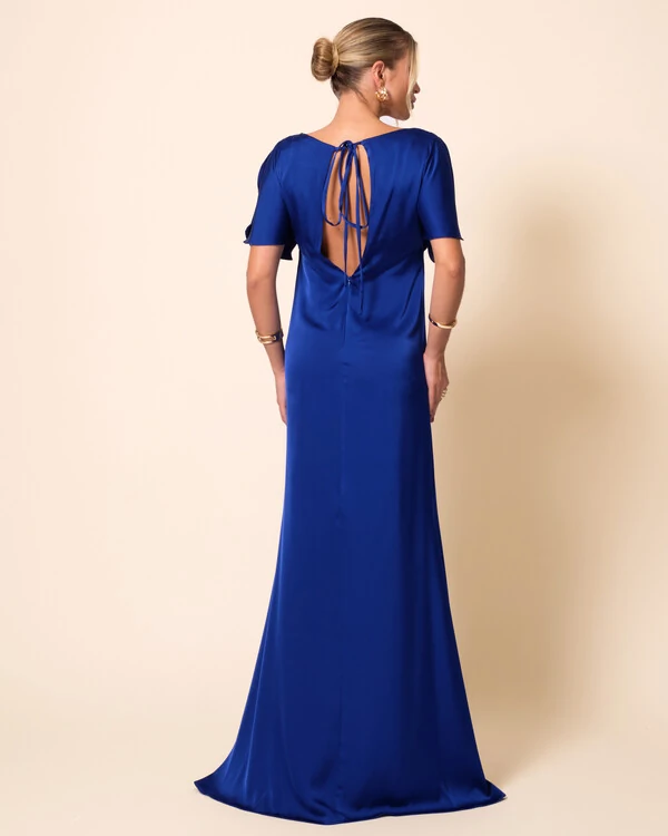 Vestido de Festa Longo Cetim Fluido Manga Curta Drapeado Azul Royal New