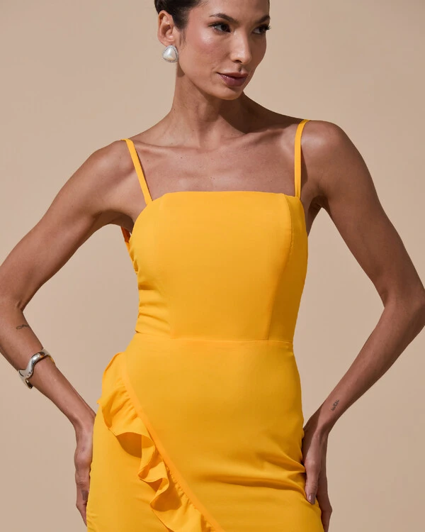 Vestido de Festa Longo Alças Finas Crepe Chiffon Babado Cascata Fenda Costas V Laranja Manga New