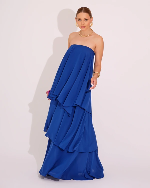 Vestido de Festa Longo Tomara que Caia em Camadas Azul Royal