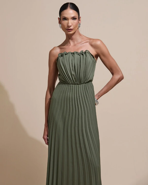 Vestido de Festa Longo Tomara que Caia Plissado Detalhe Verde Oliva