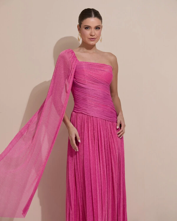 Vestido de Festa Longo Um ombro Só Tule Brilho Drapeado Capa Pink
